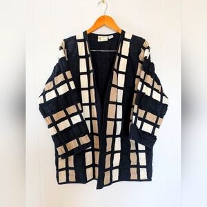 Yak Magik Colorblock Ribbon Weave Open Jacket Black Tan White Large Artsy Unique